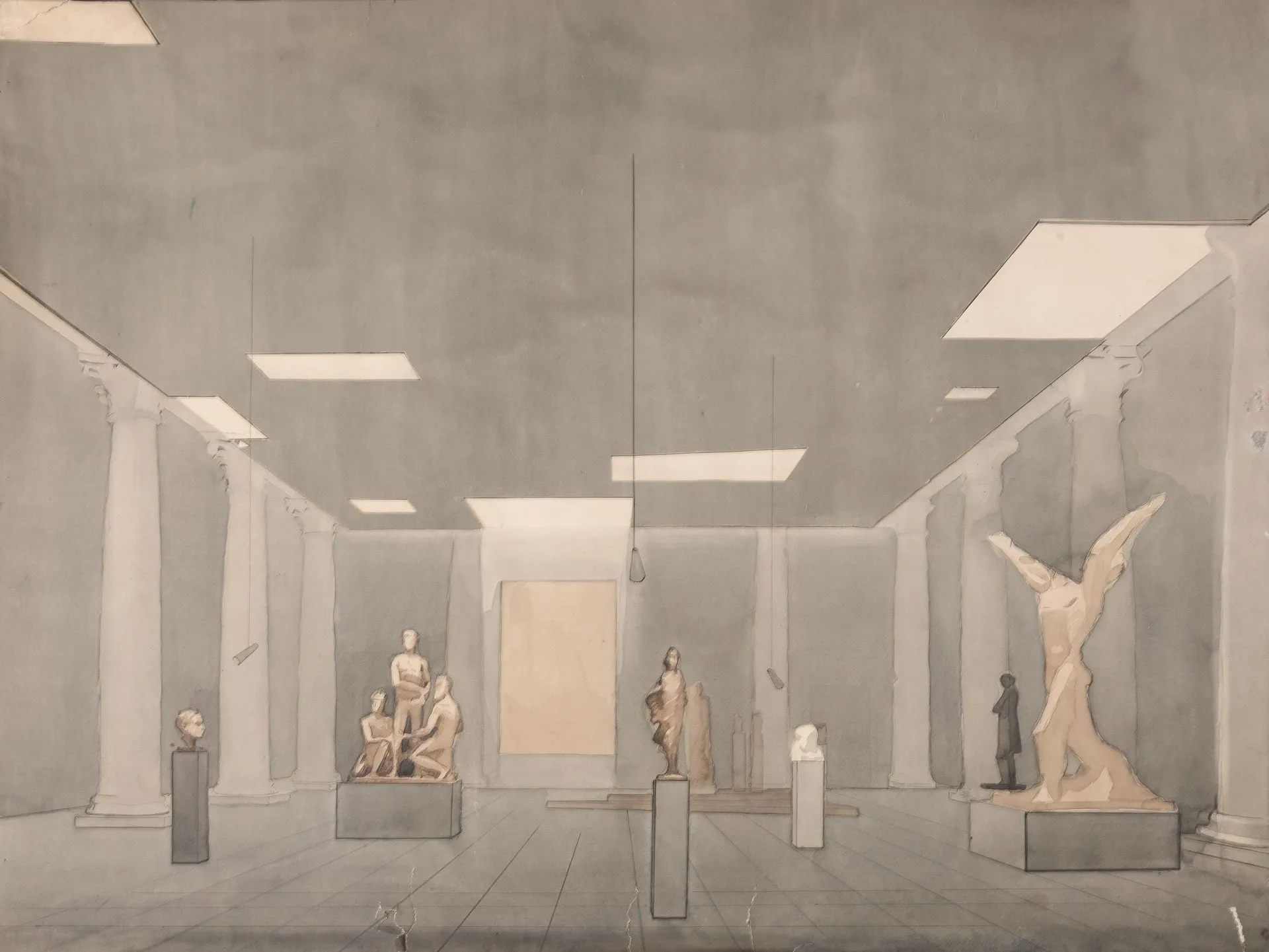 Design concept for the display of Soviet monumental sculpture in the Column Hall of the Benois Wing. 1960s