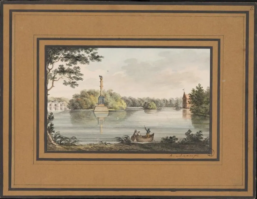 Valerian Langer. View of the Lake and the Chesme Monument to Orlov. From the album Twelve Views of Tsarskoye Selo. 1820