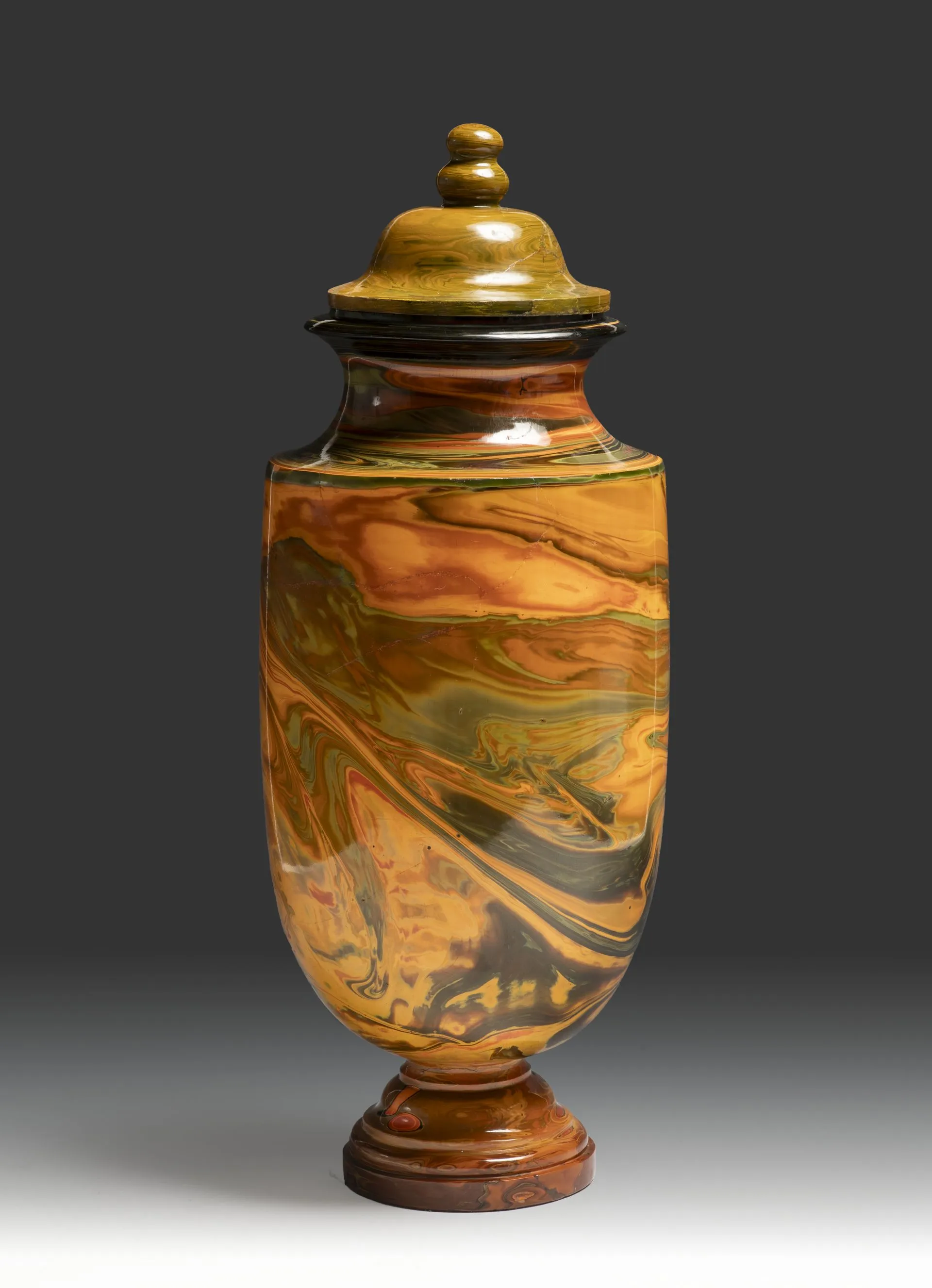 Vase with lid. Late 19th century. Coloured smalt glass, blowing, grinding, polishing