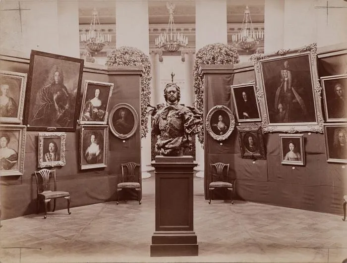 Exhibition of Russian portraits for benefit  of the widows and orphans of soldiers which were killed in action in the Tauride Palace in St. Petersburg. The Hall of Peter the Great