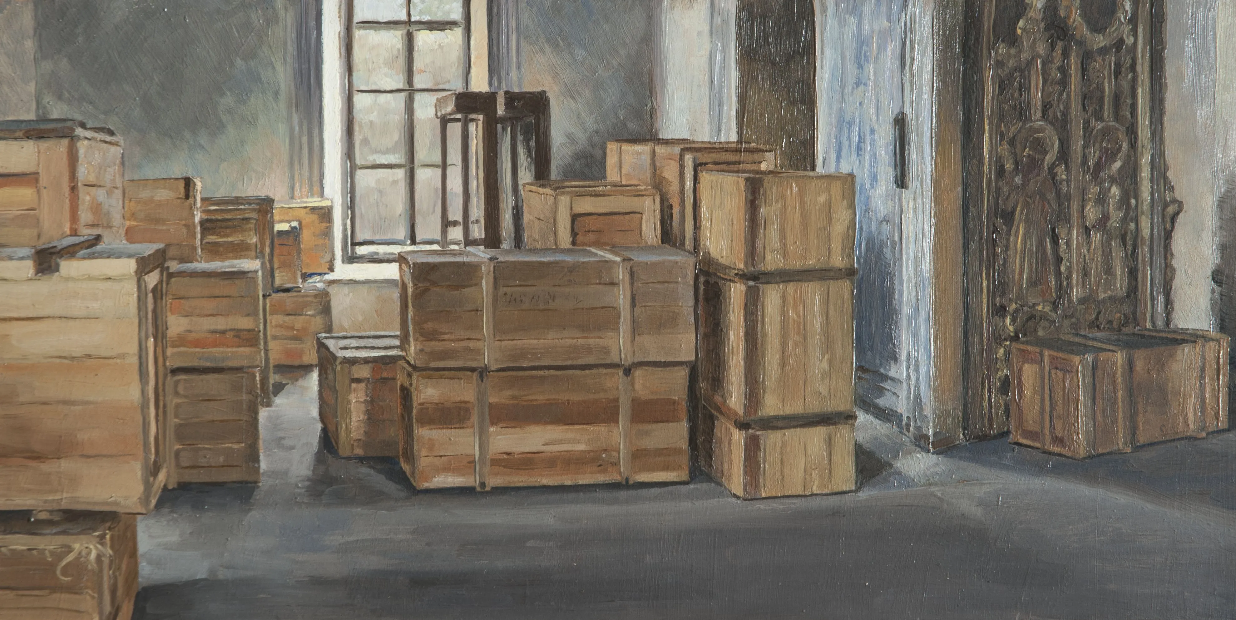 Alexei Savinov. Exhibition of Ilya Repin’s Works in Molotov. 1944. Oil on paper mounted on cardboard