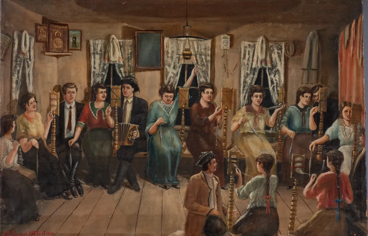 A. I. Loginov. Gathering. 1928. Leningrad Region. Oil on wood. State Russian Museum