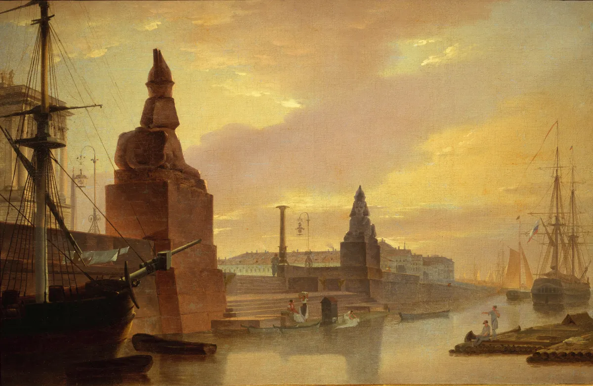 The Neva Embankment at the Imperial Academy of Arts. A View of the Wharf with Egyptian Sphinxes by Day
