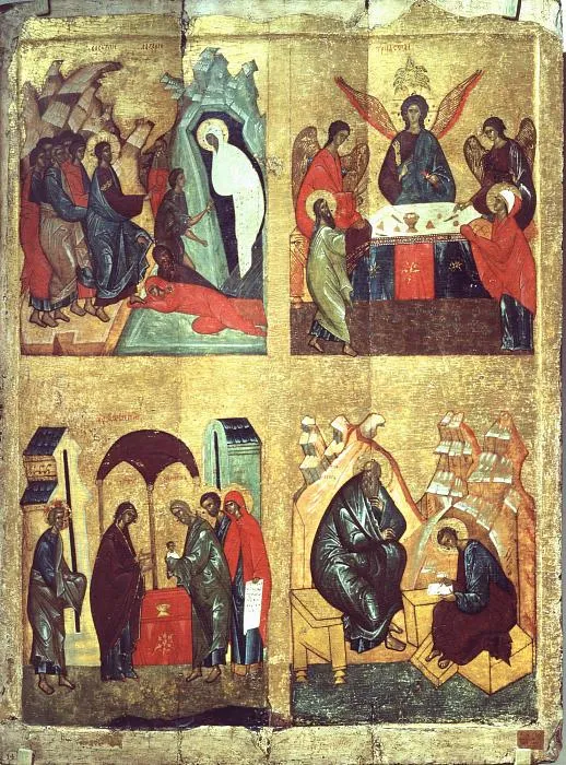 Four-parts icon. The Raising of Lazarus, The Old Testament Trinity, The Purification, STS John the Theologian and Prochorus