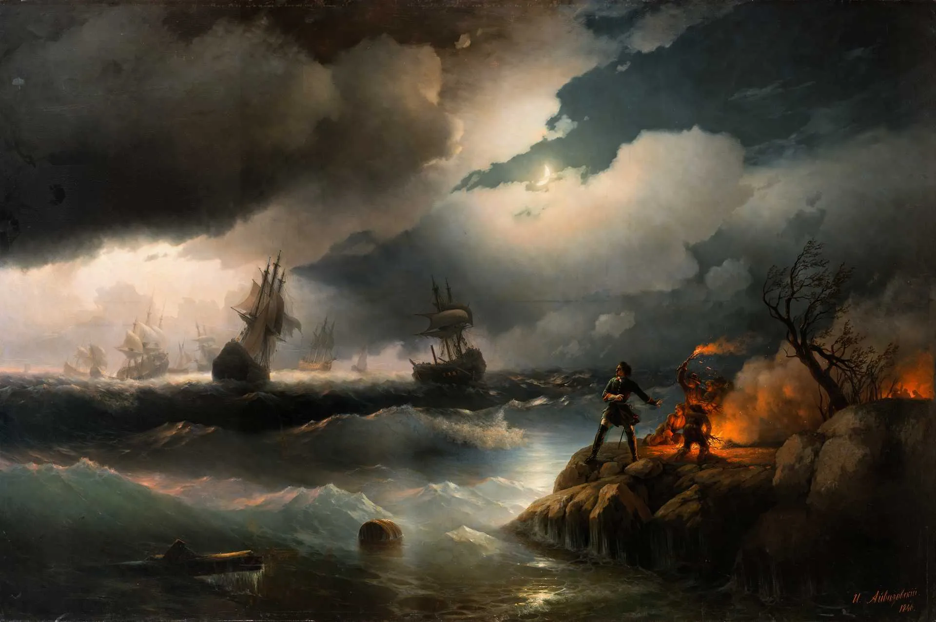 Ivan Aivazovsky. Peter the Great at Krasnaya Gorka Lighting a Signal Fire on the Shore for His Ships in Distress. 1846